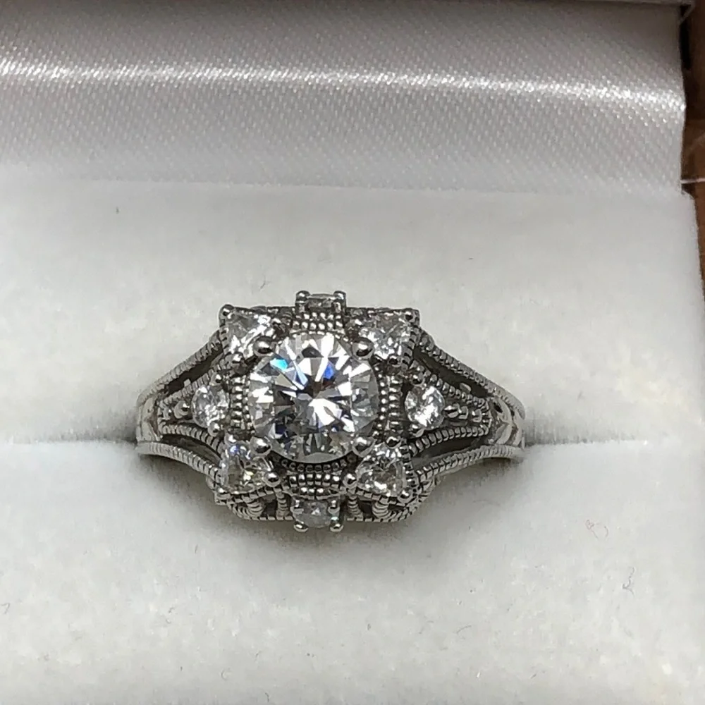 Moissanite Engagement Ring Sterling Silver 925 Vintage Halo Filigree Bridal Sz 6